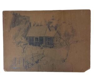 Pencil Drawing Cottage In The Woods Artist Unknown Unsigned Original Vintage